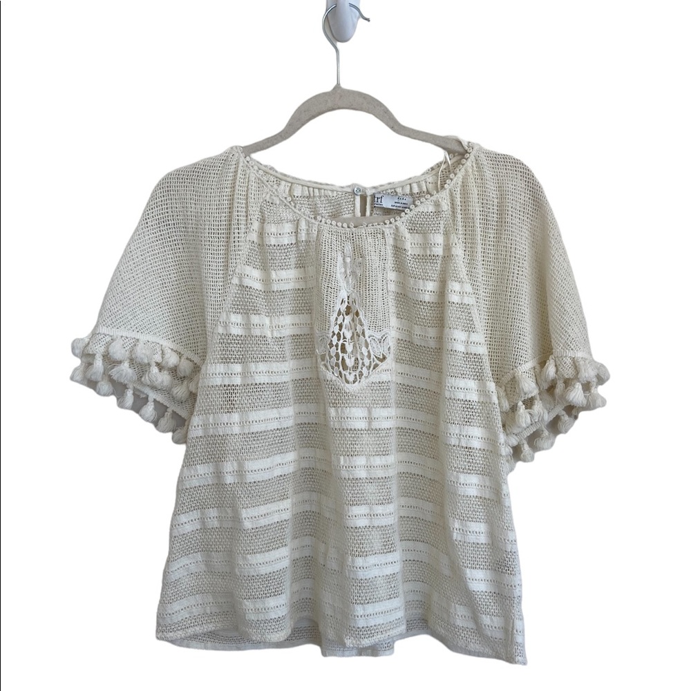 Zara Mesh Pom Pom Short Sleeves Retro Tulle Boho Top